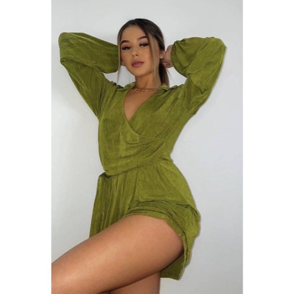 Princess Polly - Olive Green Long Sleeve Mini Wrap Dress